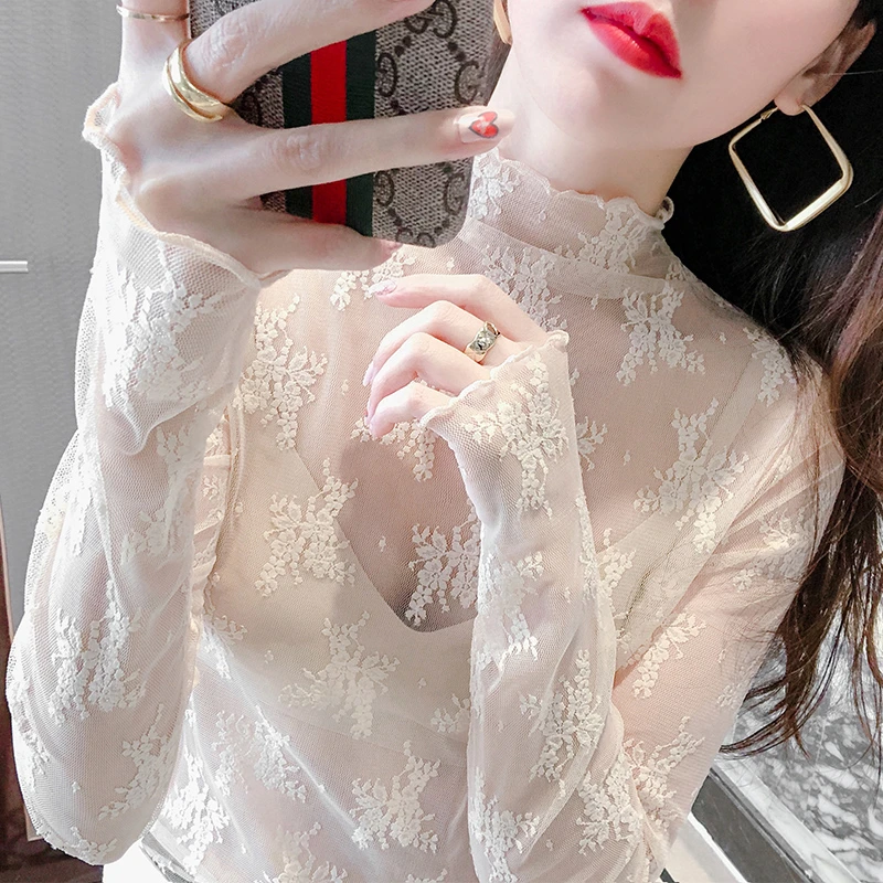 半高领蕾丝打底衫女2024秋季新款洋气木耳边镂空长袖网纱内搭上衣