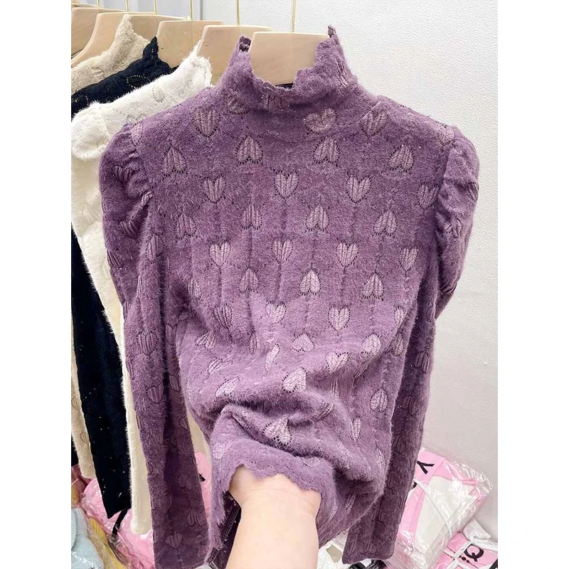 爱心磨毛蕾丝打底衫女秋冬2023新款内搭半高领小衫修身泡泡袖上衣