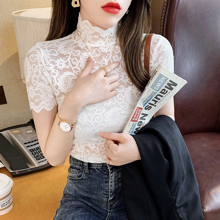 蕾丝衬衫女复古港味2021夏装新款修身显瘦心机网纱半高领短袖上衣