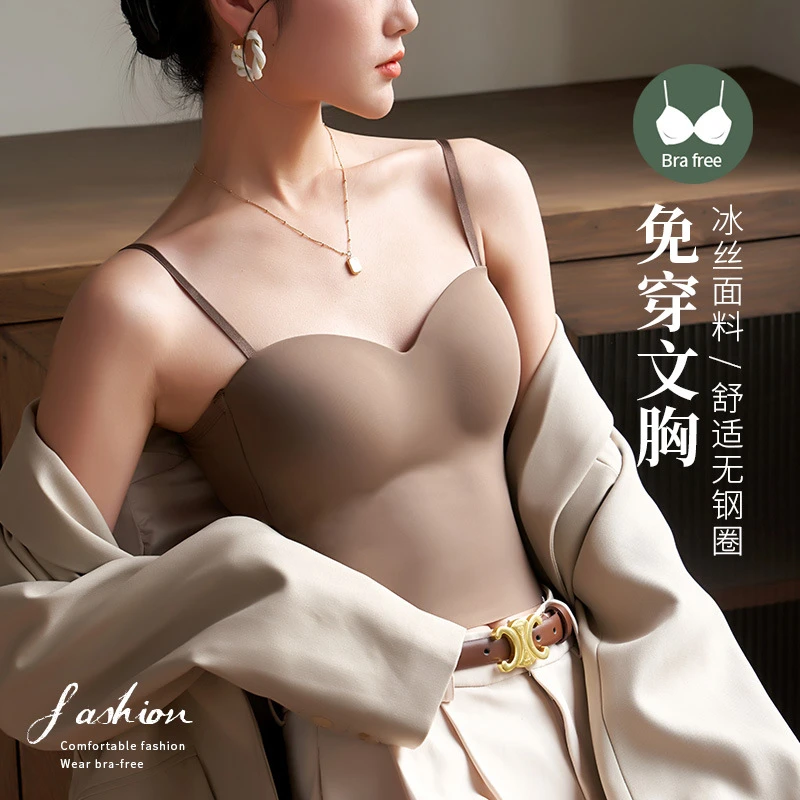 小吊带背心女内搭夏外穿带胸垫冰丝美背内衣文胸一体抹胸打底上衣