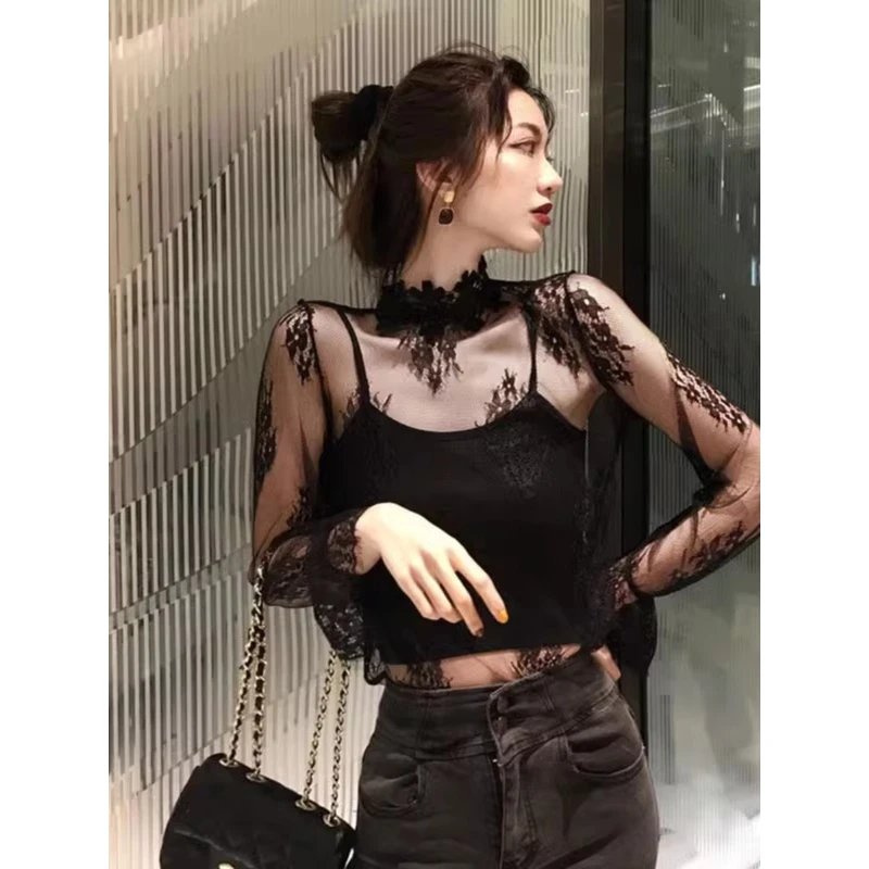 性感黑色蕾丝打底衫女秋冬薄款洋气内搭长袖法式透视网纱上衣春秋