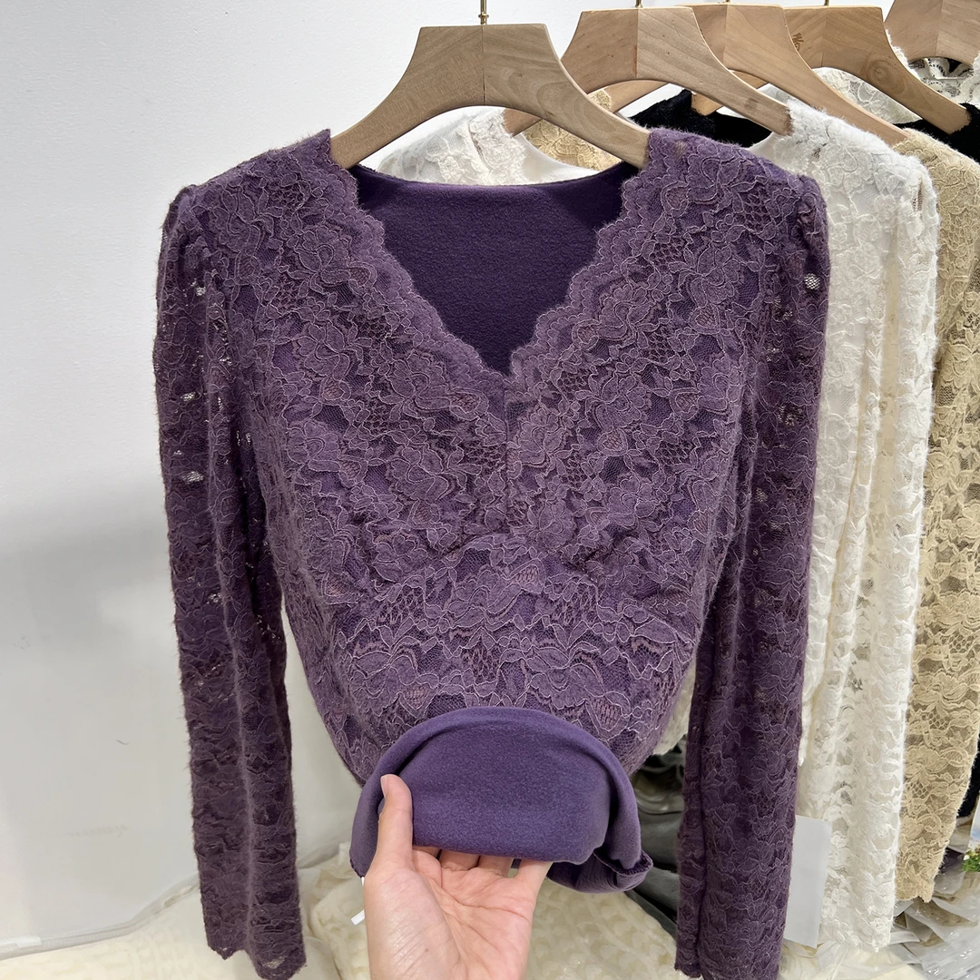 V领镂空蕾丝小衫女长袖2022秋冬季新款加绒加厚洋气修身网纱上衣
