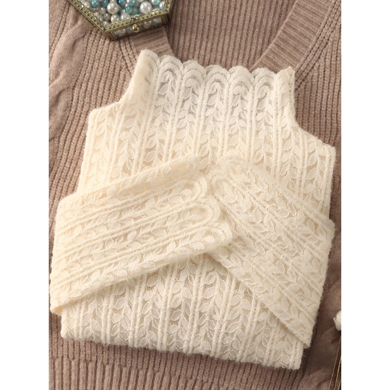 半高领磨毛蕾丝打底衫女加绒2024秋冬新款洋气内搭小衫网纱上衣女