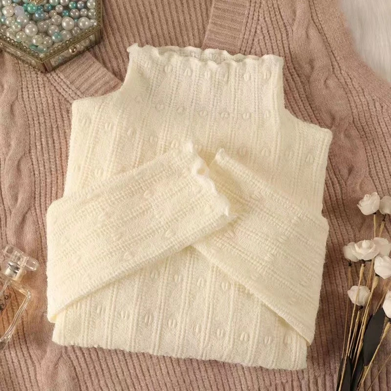 秋冬新款高领磨毛蕾丝内搭小衫女洋气网纱打底衫长袖高档保暖上衣