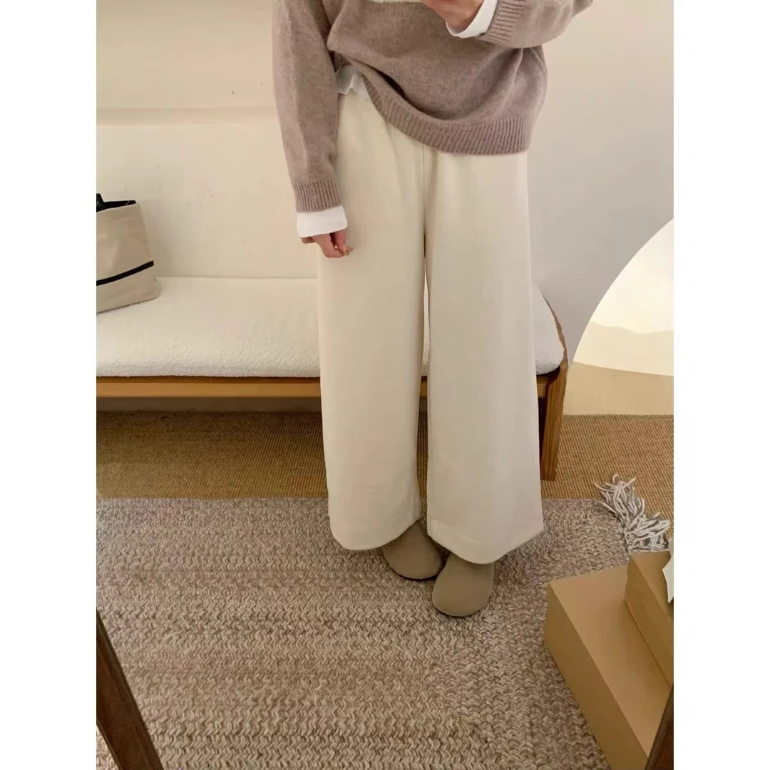 主播推荐 加厚毛呢休闲裤韩系女纯色通勤显瘦阔腿裤