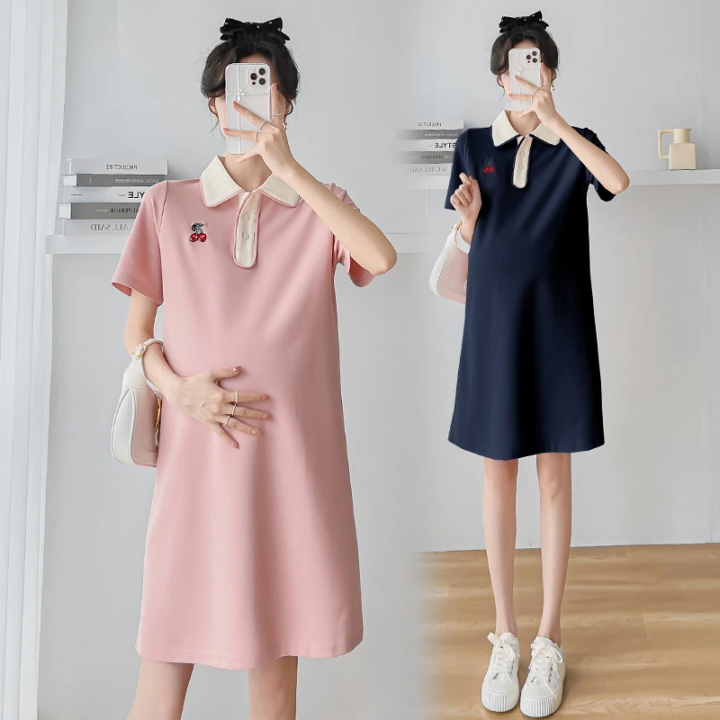 【漆梦】孕妇连衣裙夏装时尚polo领樱桃短袖T恤衫宽松薄款百搭a字裙