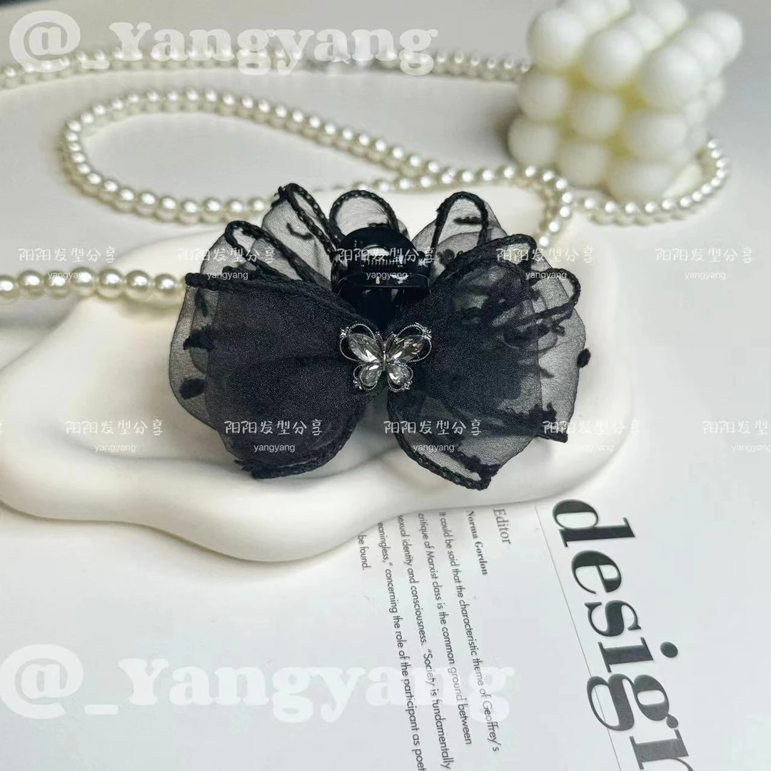 2024秋款黑色网纱超仙蝴蝶结7CM抓夹发夹发饰