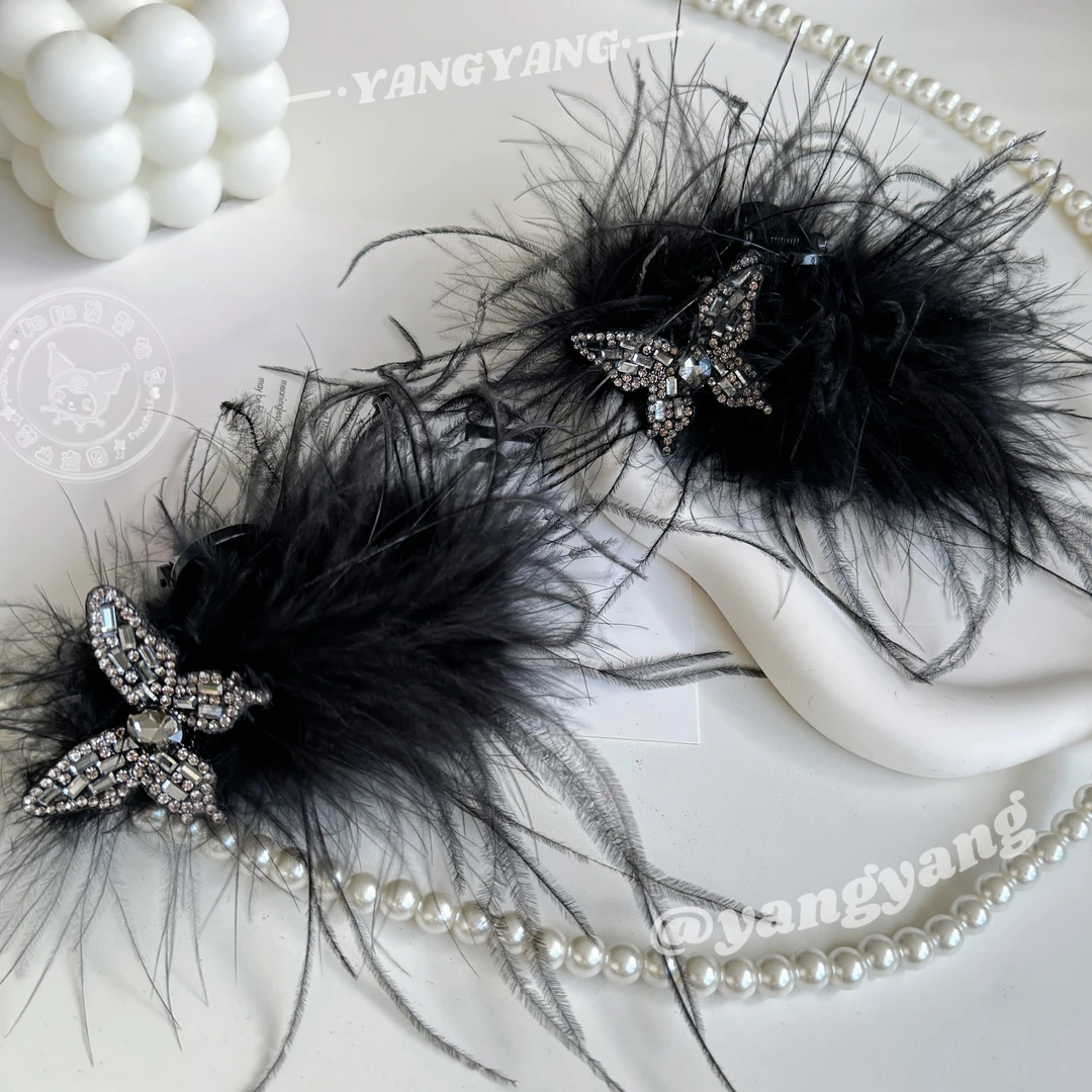 2024秋冬新款黑色羽毛水钻蝴蝶结网红小众气质发卡发夹