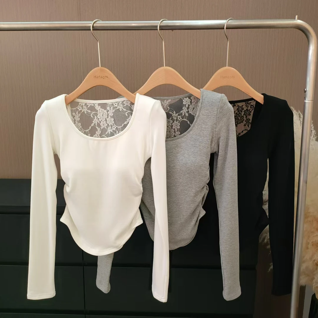 【鬼马精灵】磨毛款~纯欲U领后背蕾丝显瘦上衣 胸垫不可拆卸~有垫肩