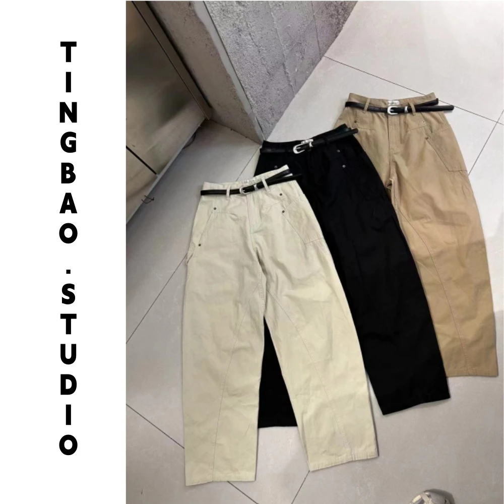 【褶皱弧形】美式街头潮流设计感口袋显瘦休闲弯刀裤 带腰带L 8551