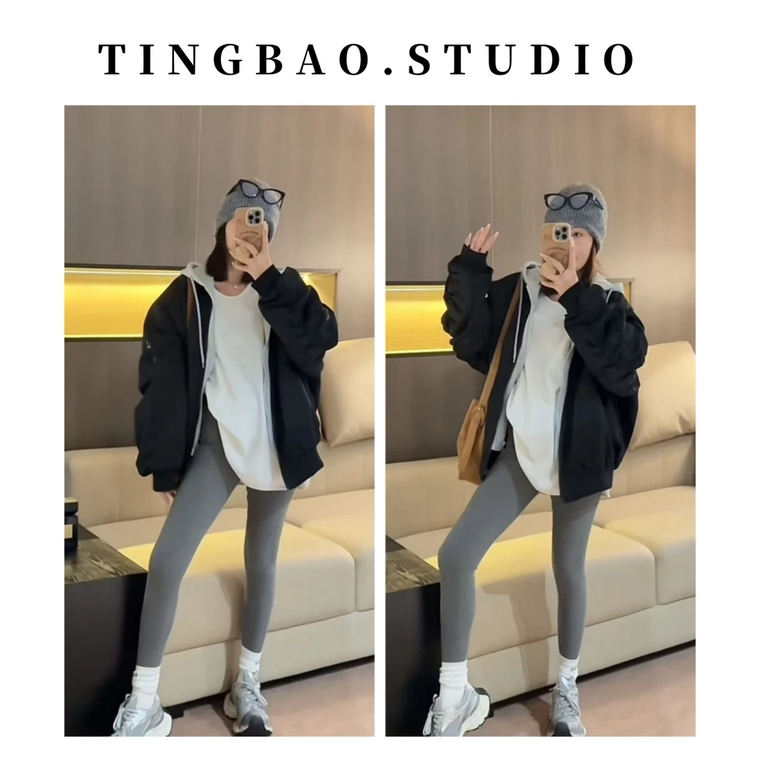 【曼哈顿】夹棉款~2024冬季新款韩版潮加厚假两件连帽棒球外套98396