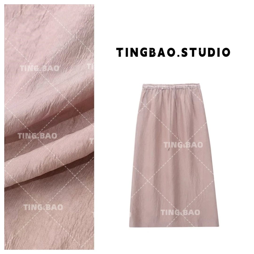 【珠华夜明】100%醋酸~简约高级垂感纹路后开叉松紧腰半身裙60107