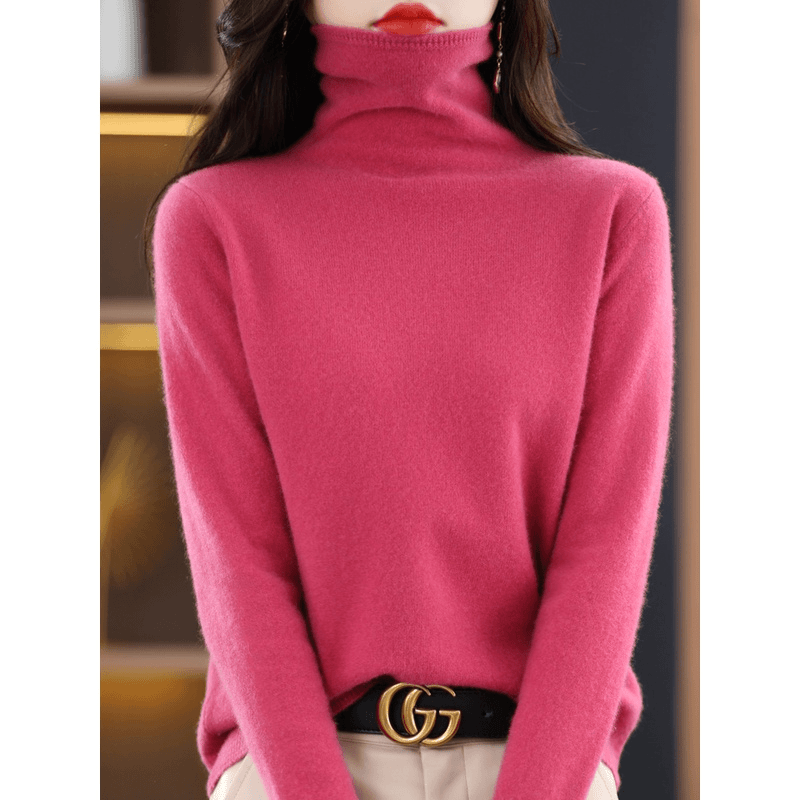 100%纯羊毛衫女堆堆领套头宽松毛衣秋冬纯色高领针织打底衫毛衣