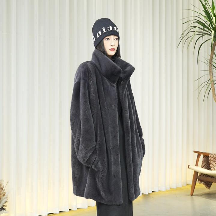 明星穿搭/超高立领/超阔O版/进口天鹅绒水貂皮草外套大衣26D001