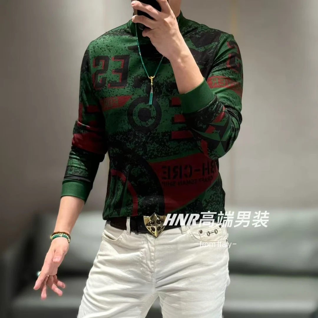 【石墨烯聚热锁温】不规则字母图案新款男士气质时尚长袖T恤1114