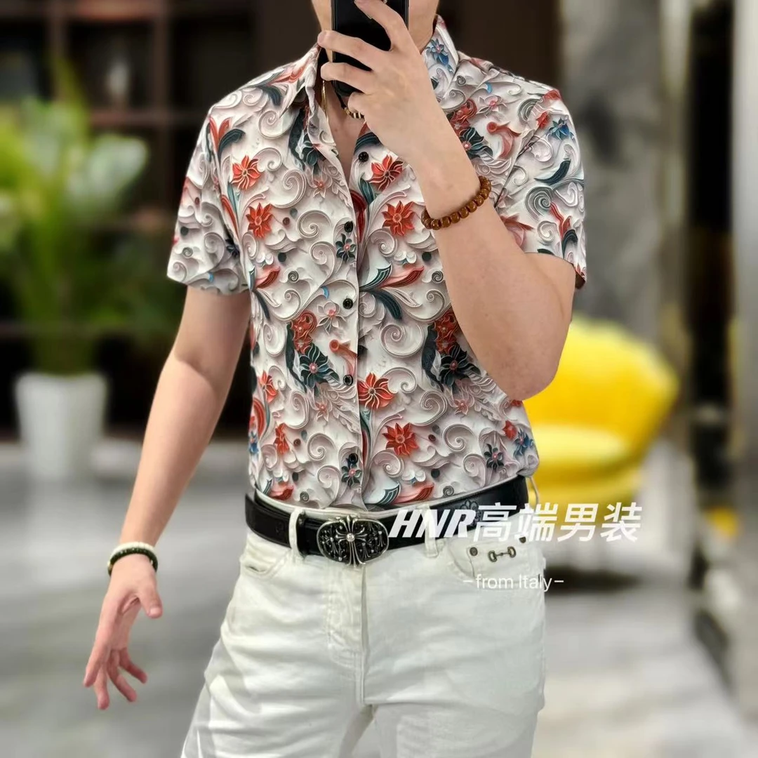 花绘浮雕图案新款高端男装夏季时尚休闲百搭轻奢短袖衬衫99565