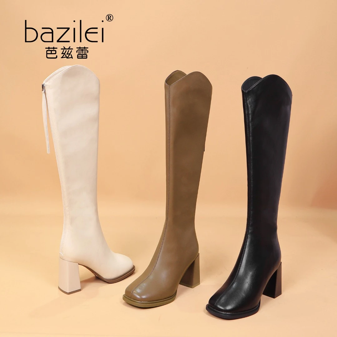 bazilei/芭兹蕾高跟V口长筒靴女小众不过膝增高7cm小个子高筒长靴