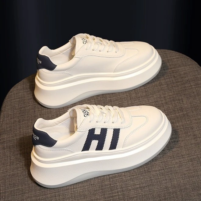 6CM 厚底真皮休闲学生小白鞋女春夏松糕板鞋网红拼色系带运动鞋