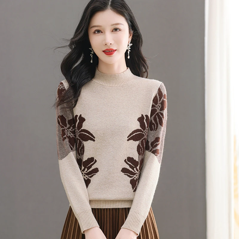 秋冬季女士宽松半高领内搭外穿减龄时尚百搭羊毛提花针织衫毛衣