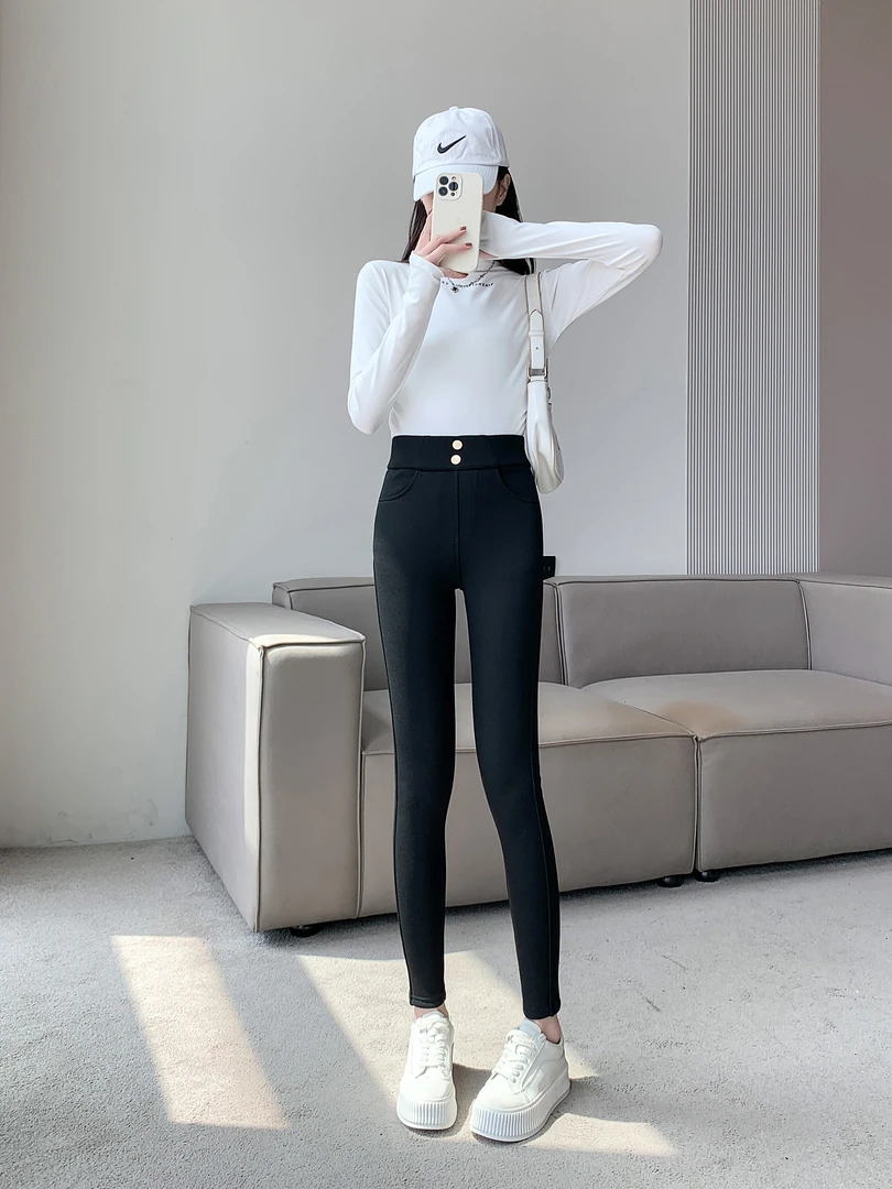 冬款加绒口袋高弹力显瘦外穿小黑裤修身百搭保暖加厚