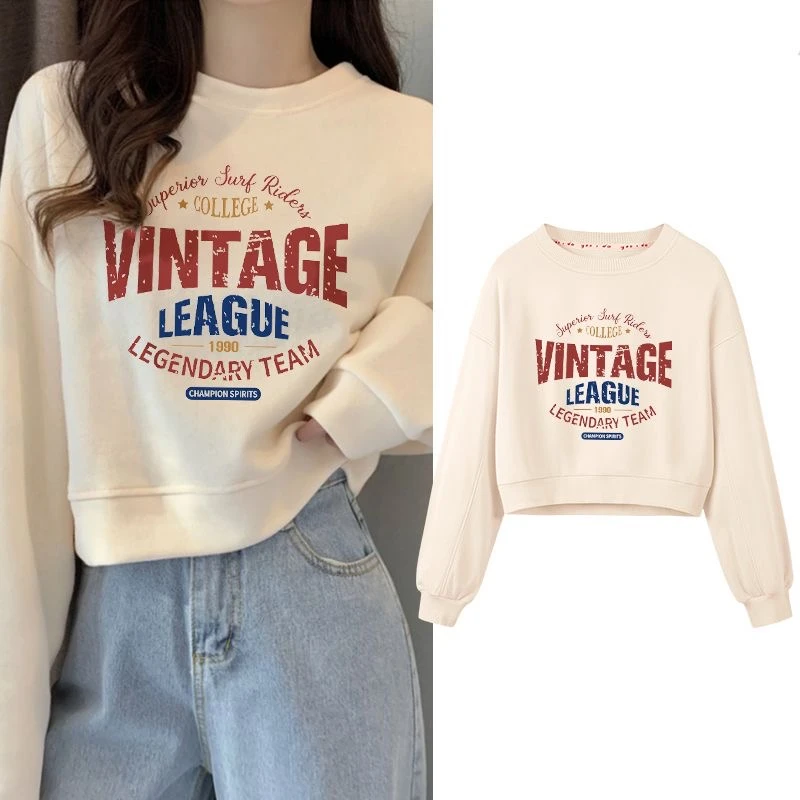 高腰短款卫衣女奶油色早秋季上衣潮小个子春秋无帽小众卫衣外套