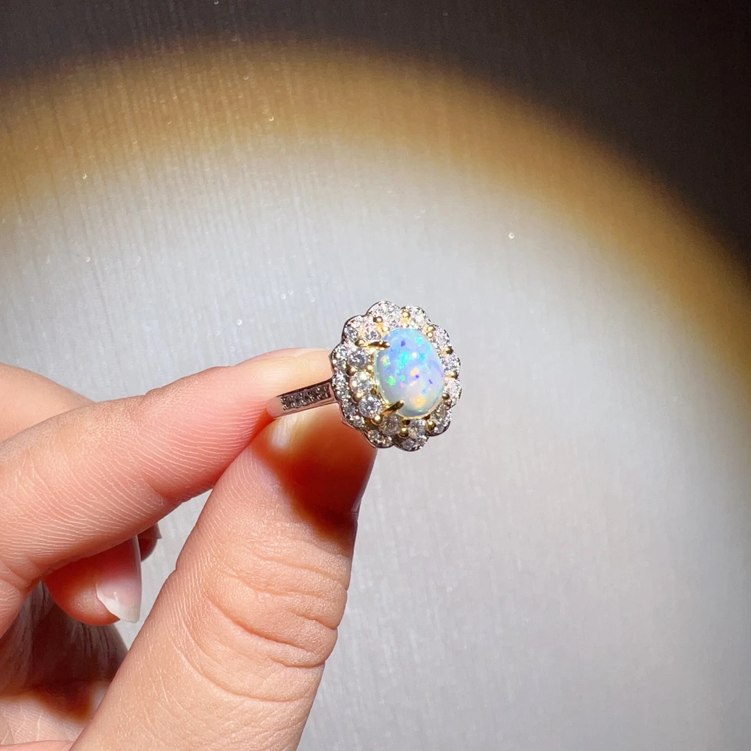 S925银椭圆欧泊戒指6x8mm开口戒