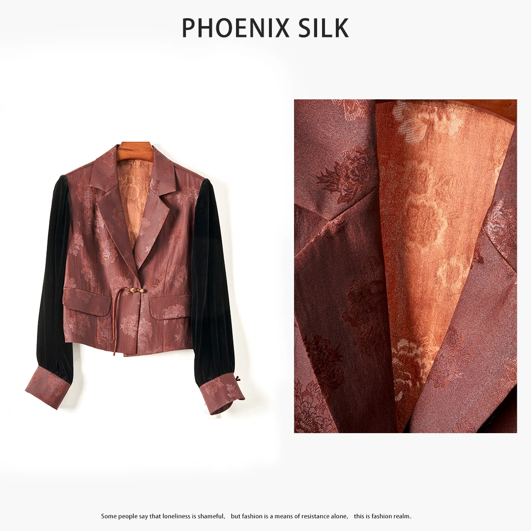 92%桑蚕丝红云纱提花桑波缎拼接丝绒高端女装轻奢高级真丝外套