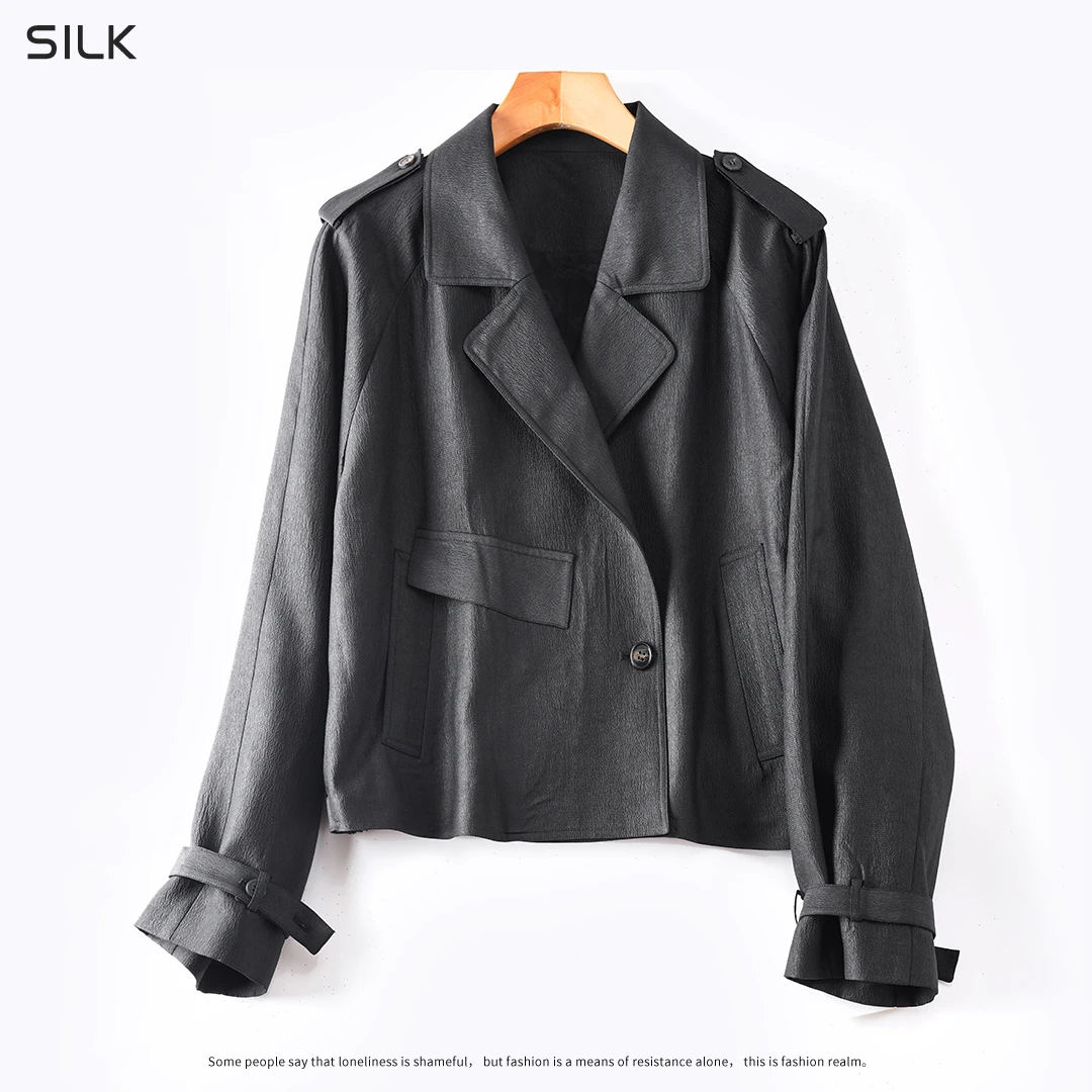 100%桑蚕丝气质珍珠缎香云纱高端女装休闲宽松真丝短外套风衣秋