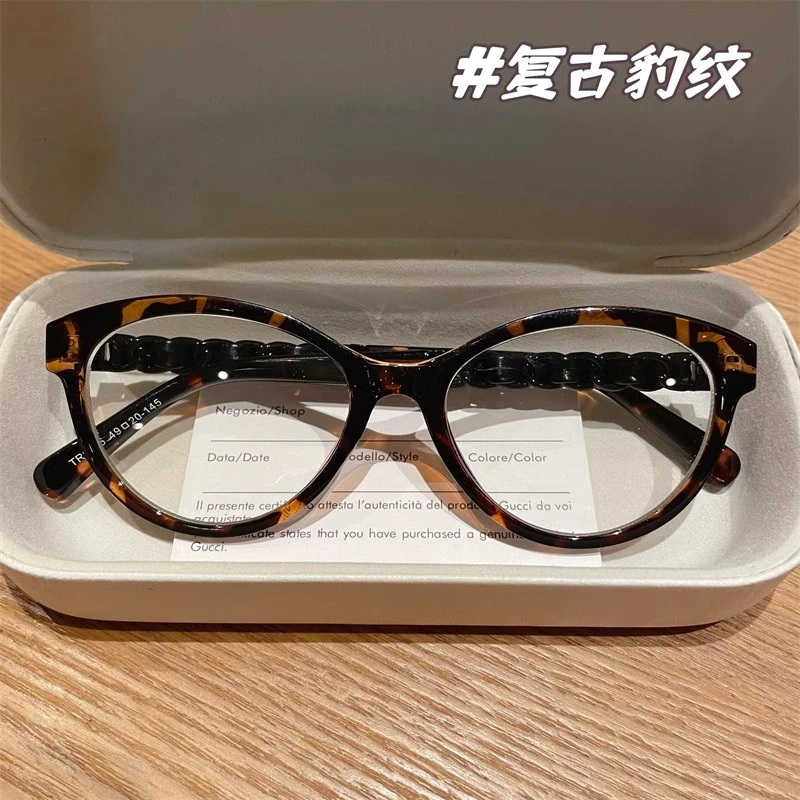 韩版复古张元英同款猫眼皮革链条镜腿眼镜框架素颜平光镜女近视镜