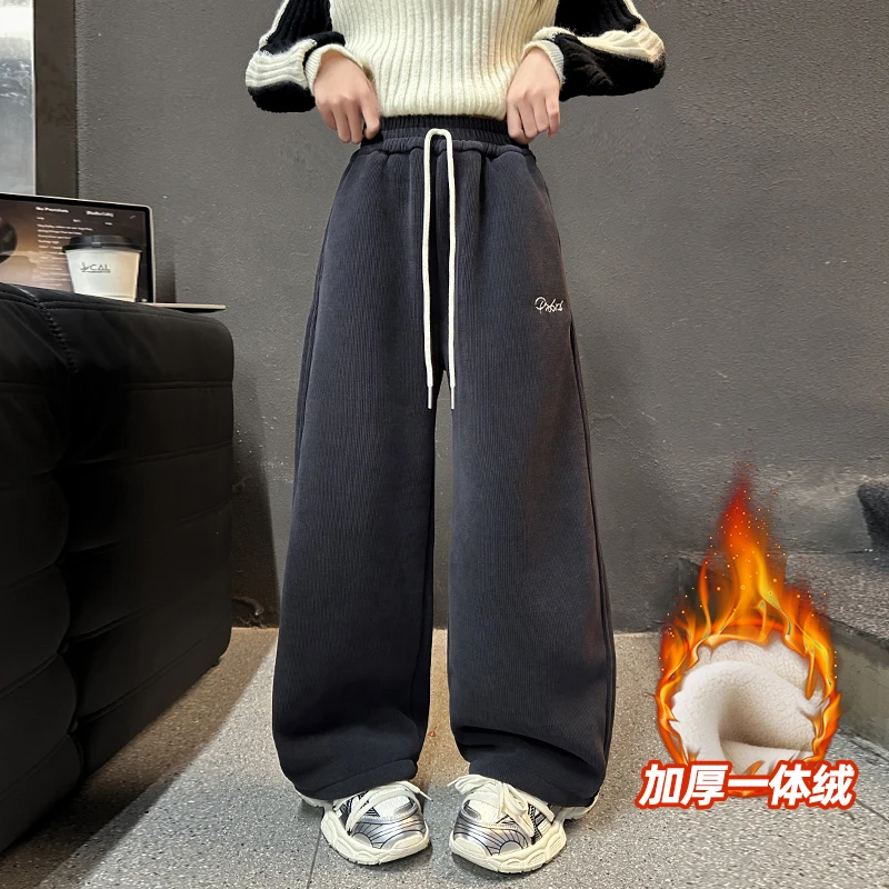 女童秋冬加绒卫裤2024新款女大童加厚一体绒卫裤儿童冬装直筒裤子