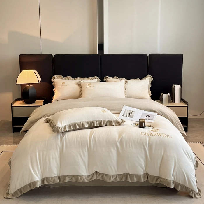 2024新款高克重韩版纯色绣花刺绣牛奶绒四件套