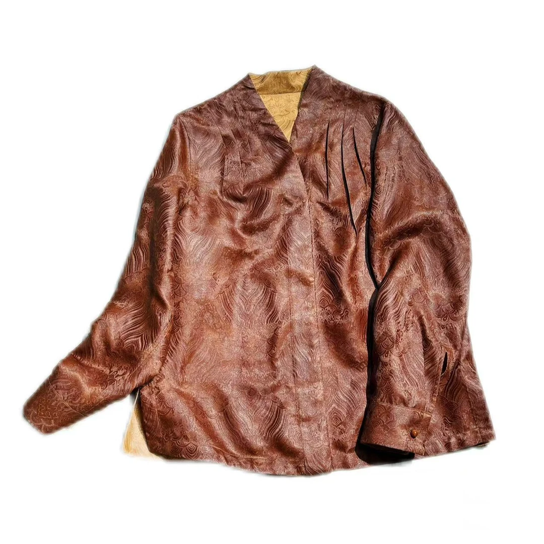 【朝霞】2437红云纱重磅老油料江水海崖提花中式风休闲双面上衣