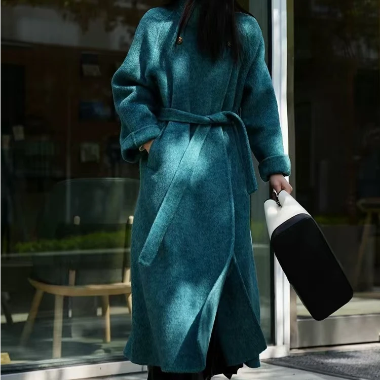 2024冬季爆款孔雀蓝双面羊毛大衣宽松风