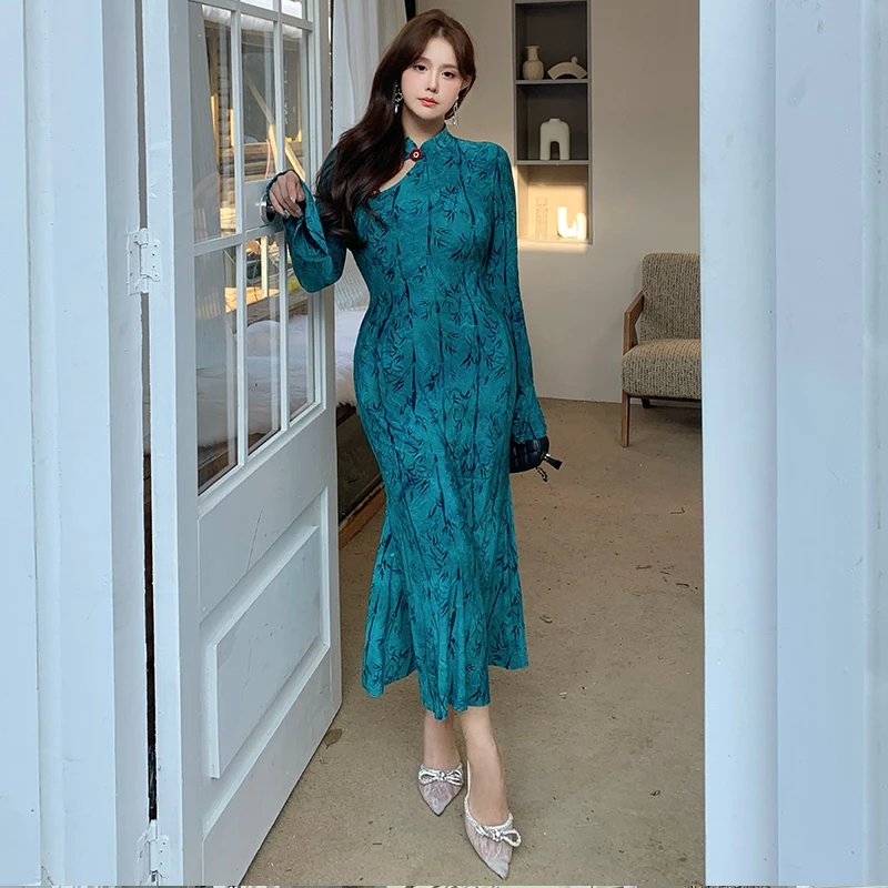 大码女装高级感法式复古包臀连衣裙旗袍改良鱼尾裙胖mm200斤1977