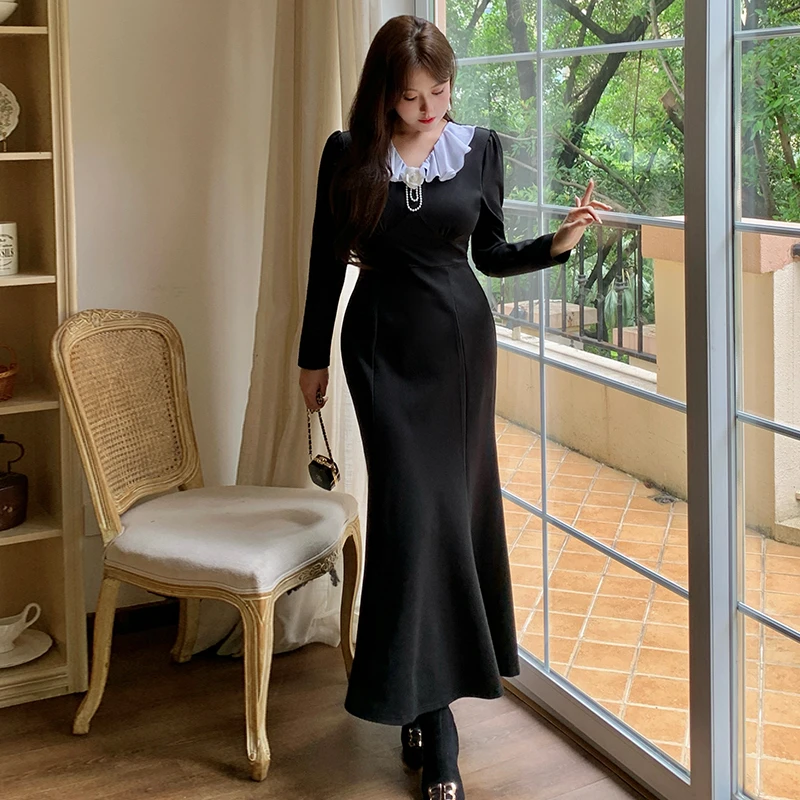 大码女装高级感法式复古胖mm赫本小黑裙200斤包臀鱼尾连衣裙1956