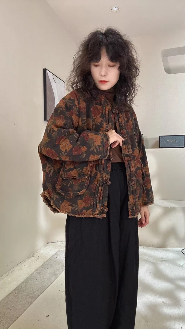 棉麻休闲复古印花棉衣