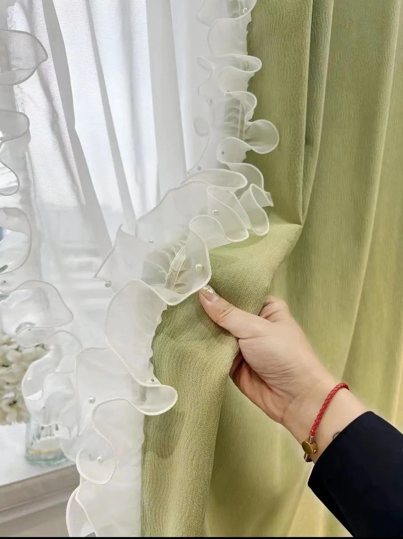 新款网红洛丽塔立边花边轻奢法式浪漫钉珠蕾丝花边窗帘装饰