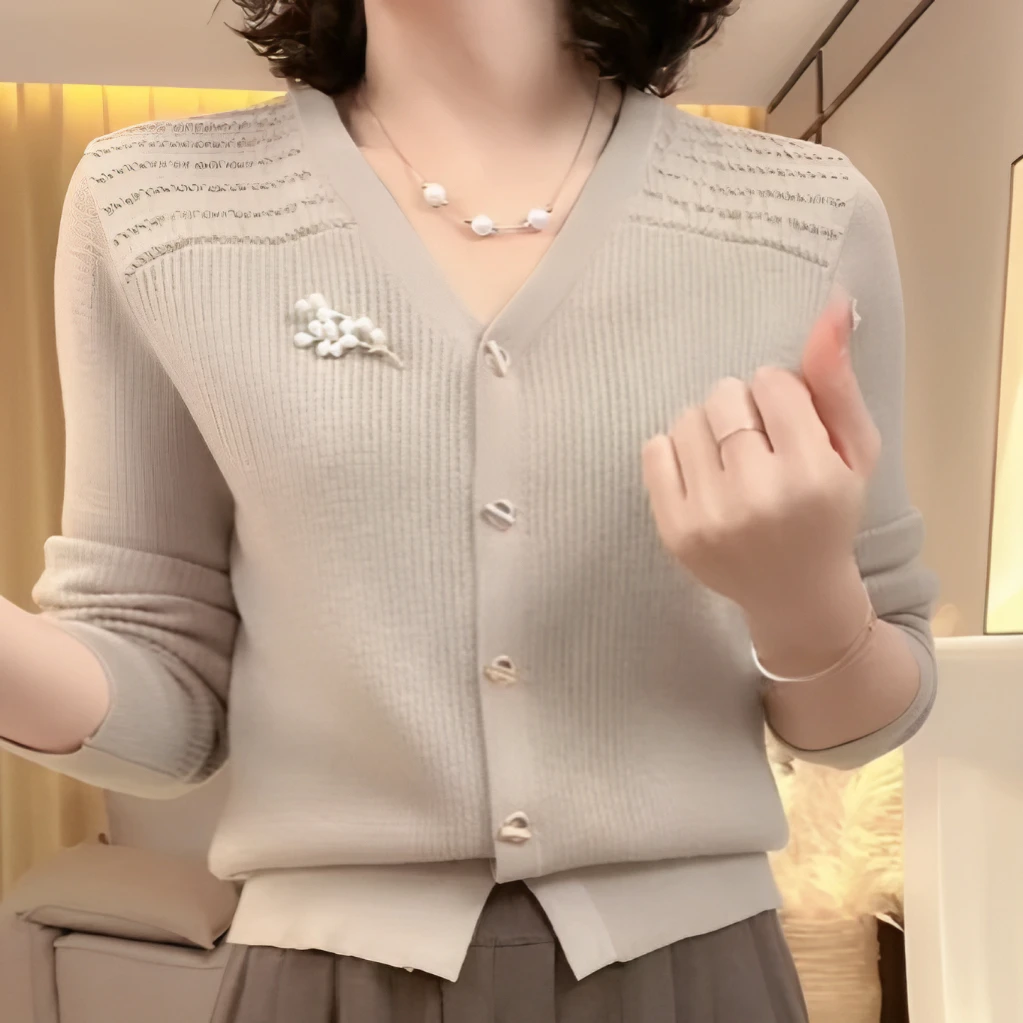 妈妈装秋冬新款针织衫2024长袖T恤设计感纽扣开衫减龄百搭风上衣