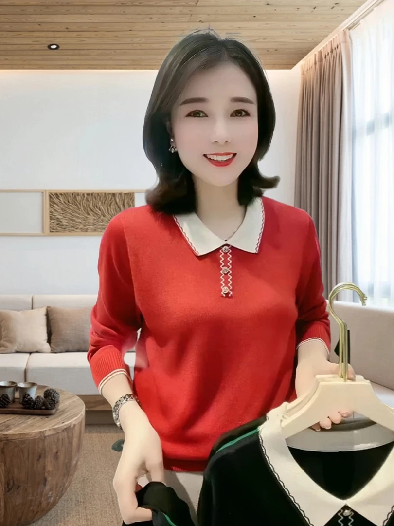 天丝品牌针织衫妈妈装毛衣女2025秋冬新款减龄遮肉宽松打底小衫女