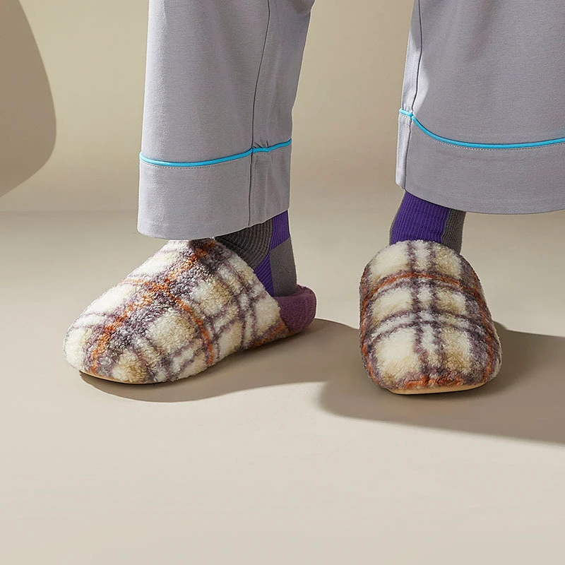 秋冬新品时尚格子条纹舒适居家外穿情侣款男女棉拖鞋网红保暖韩版