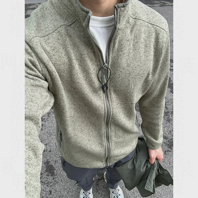 灰绿色抓绒衣外套男春秋款拉链立领夹克美式复古开衫卫衣
