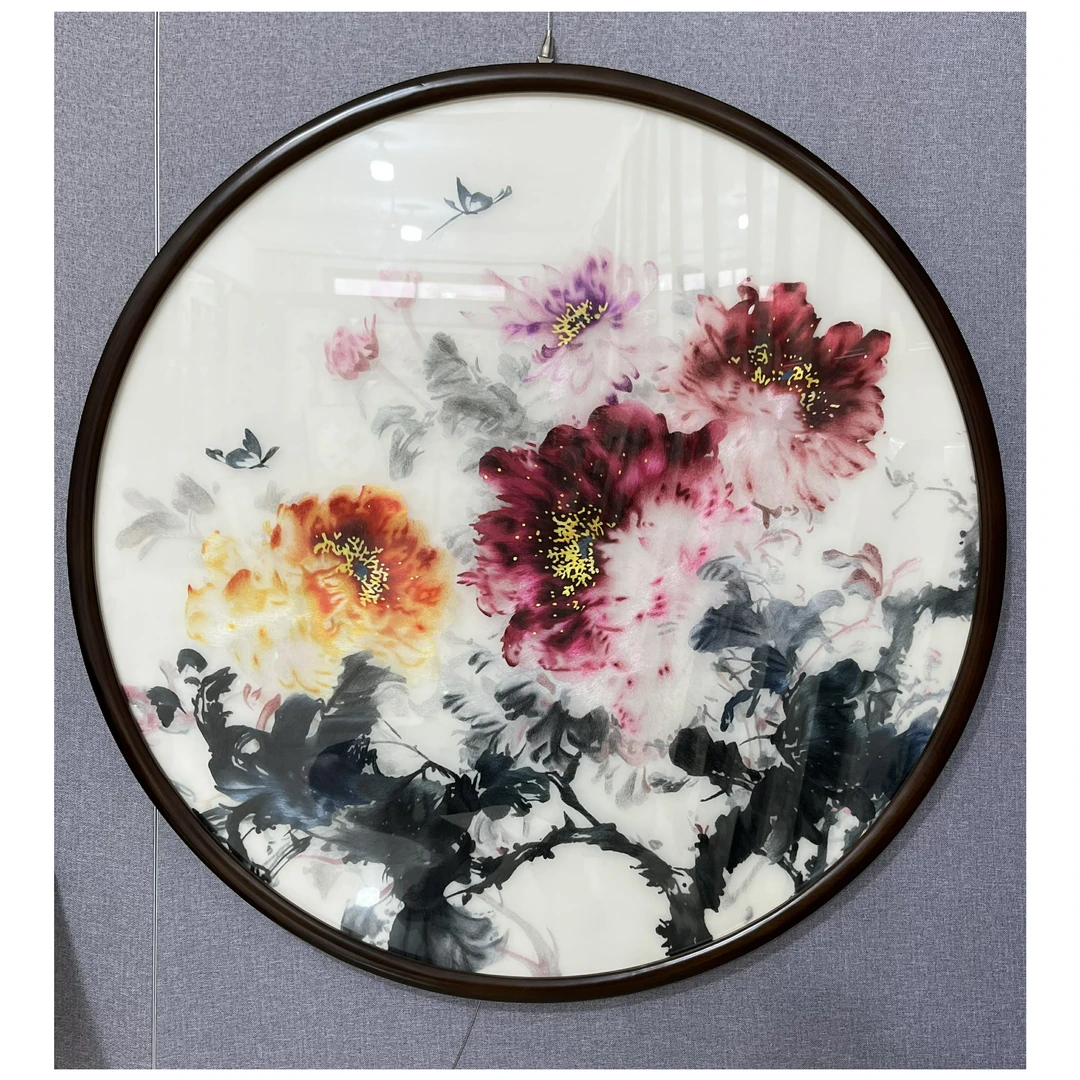 《牡丹花圆形玄关》精品苏绣玄关餐厅作品
