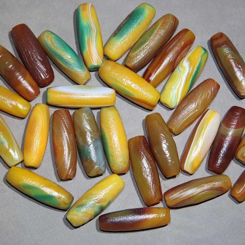 缠丝玛瑙黄绿色做旧勒子 大米珠 线条条纹 diy饰品吊坠锁骨珠挂件