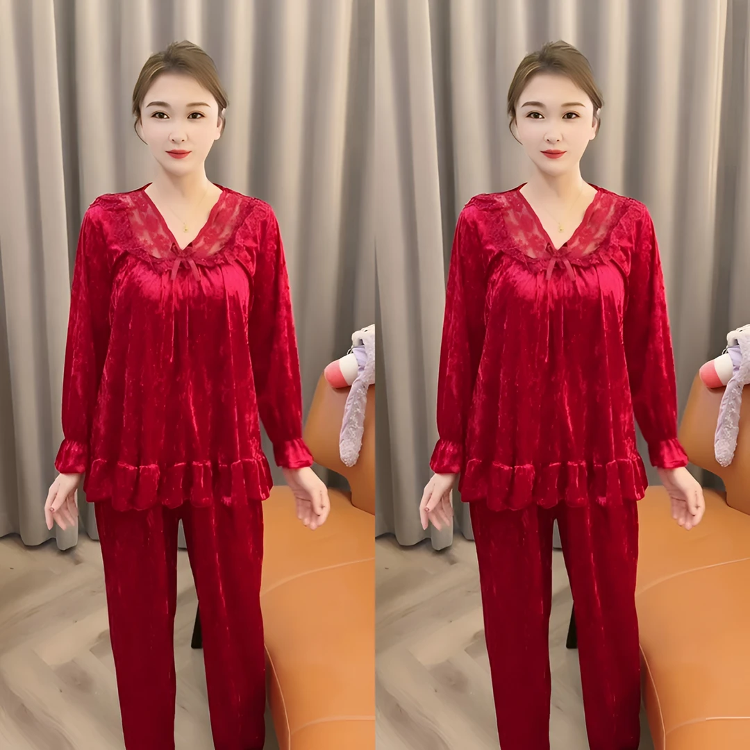 女士秋冬新款丝绒宽松大码睡衣女套装网红爆款长袖长裤家居服外穿