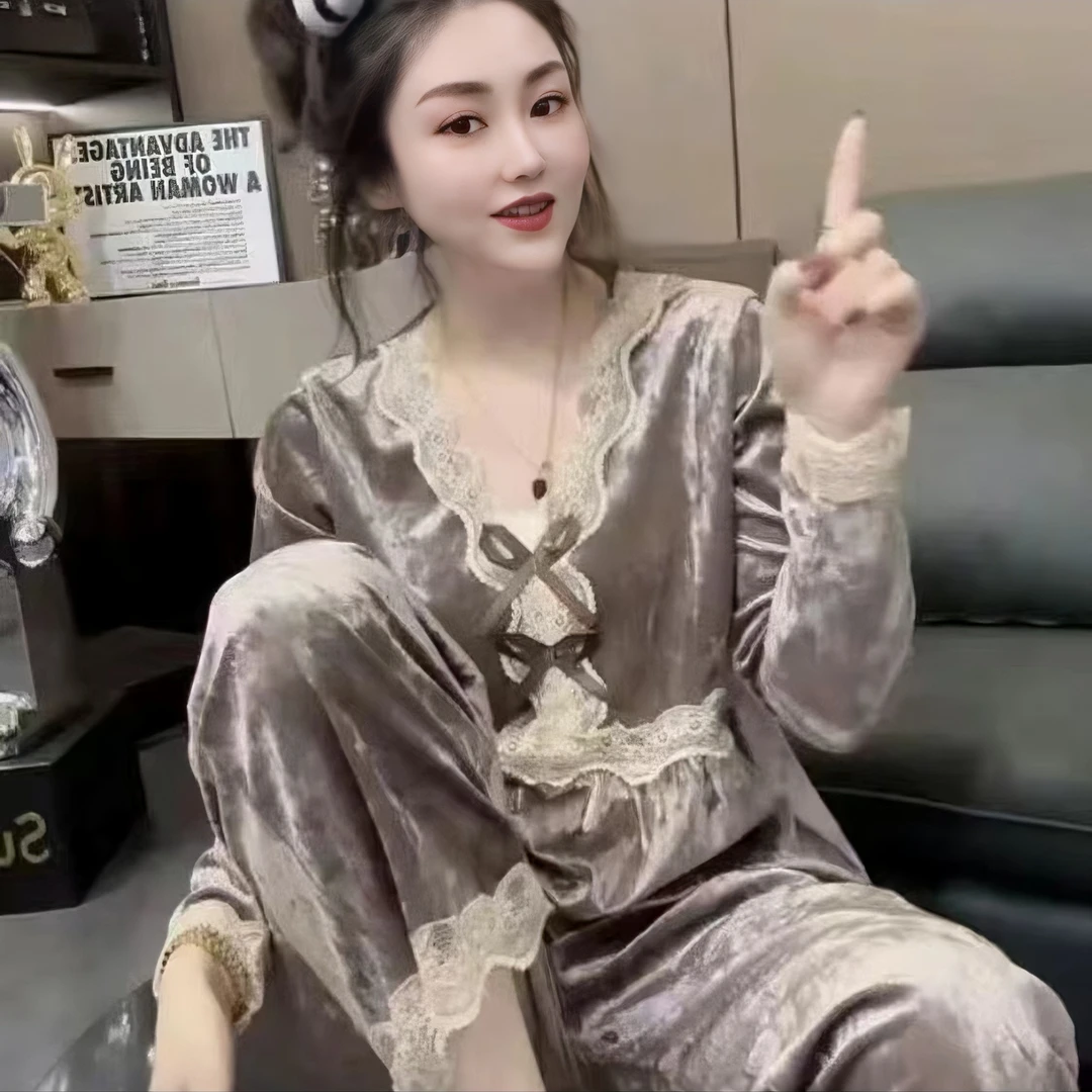 网红爆款睡衣女套装秋冬季蕾丝钻石绒舒适宽松遮肉显瘦春秋两件套