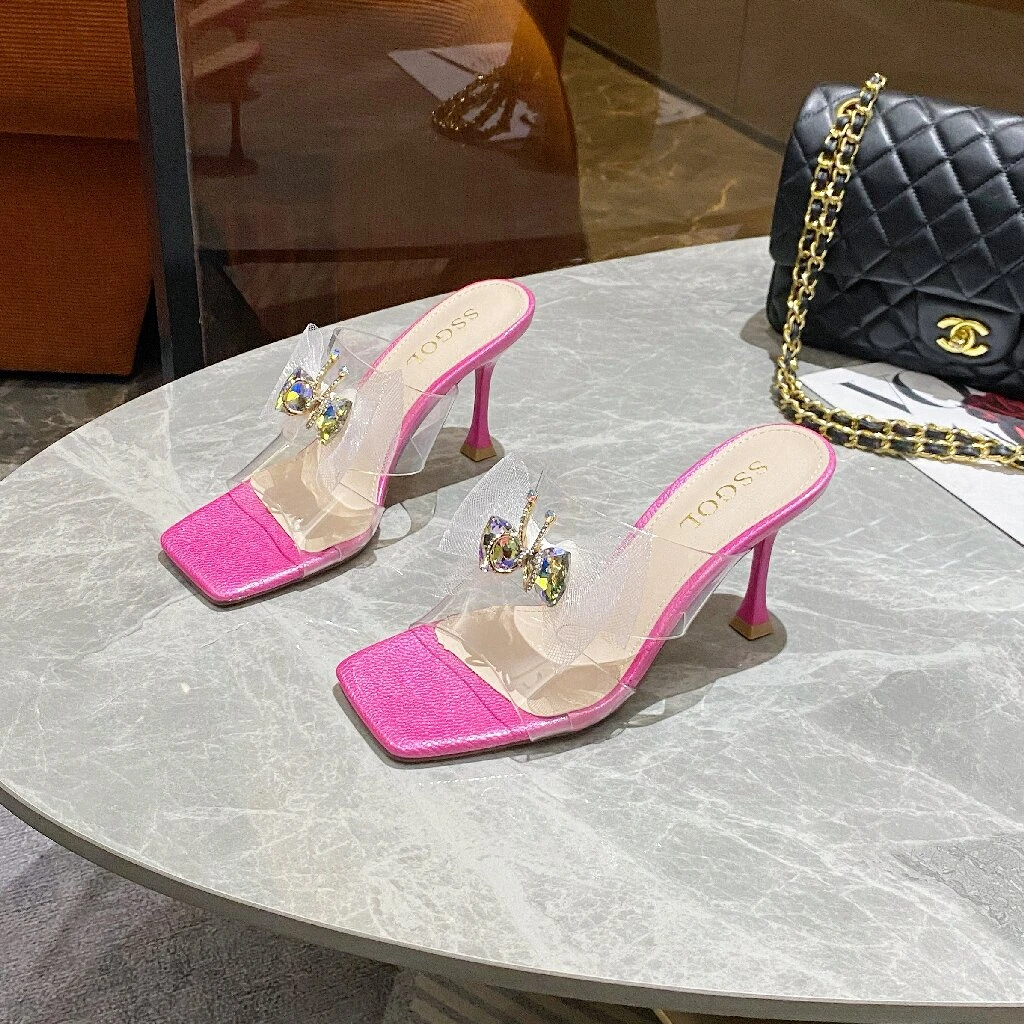 【8公分】2024夏新款仙女风网纱蝴蝶结方头细跟透明一字带凉拖鞋女