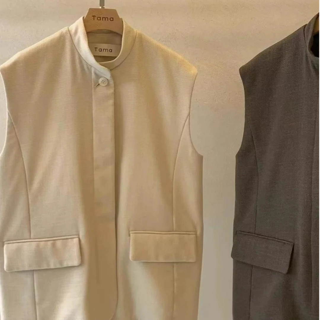 现韩国东大门2024秋季新女tama经典立领纯色无袖工装背心马甲