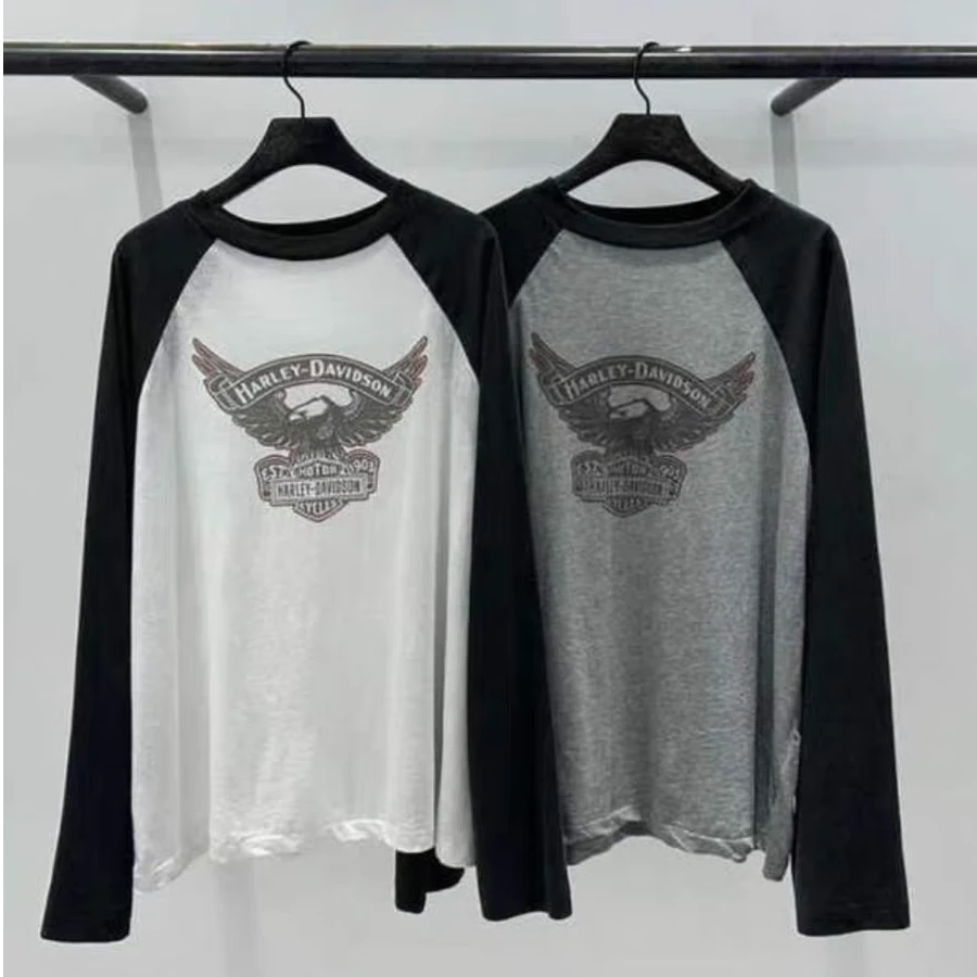 现JANE BIRKIN韩国东大门2024秋新女百搭撞色插肩印花长袖T恤