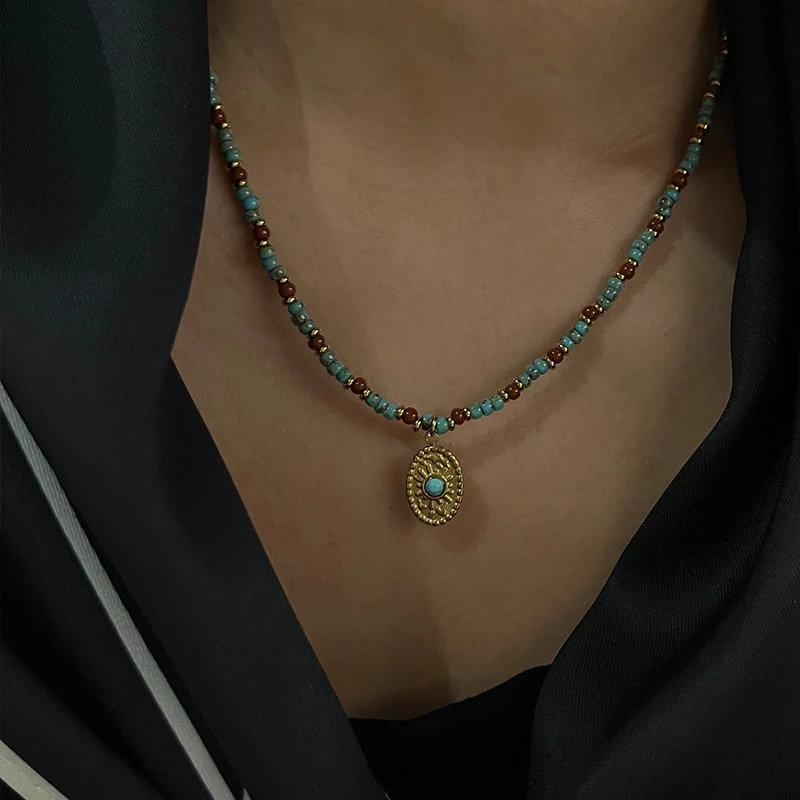 钛钢项链 串珠大自然石钛钢椭圆项链设计感小众高级轻奢新中