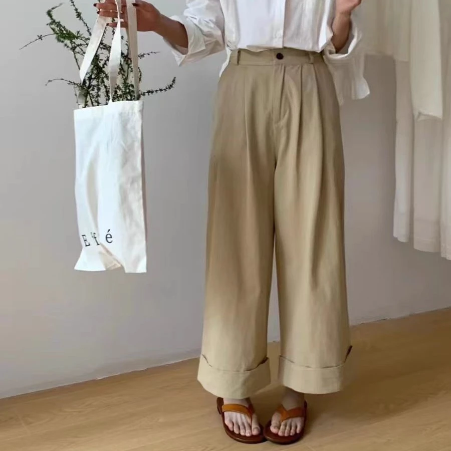 韩版2025新款九分直筒阔腿裤高腰收胯显瘦百搭女水洗棉阔腿裤